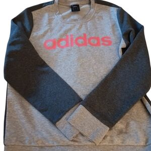 Adidas Wimen’s Grey Crewneck Sweatshirt with Pink Logo and Dark Sleeves